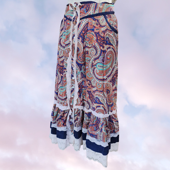 Vtg Handmade Ruffle Paisley Colorful Frill Whimsi Pocket Lace Button Up Skirt - Picture 3 of 8